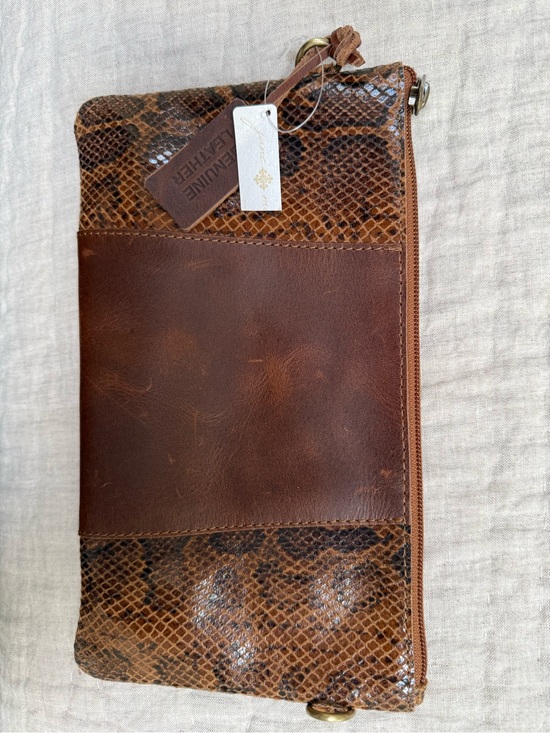 Handbags - Jane Marie Genuine Leather Brown Snake-Print Zip Clutch or Crossbody Bag NWT